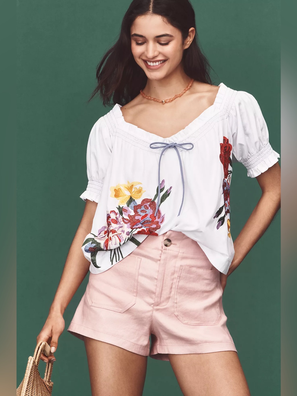 New Anthropologie Embroidered Blouse With Puff Sleeves And Bow Size L